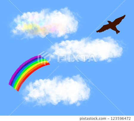 棉花狀彩虹雲、次生彩虹和飛鳥 [吉兆] 123596472