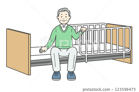 Illustration of an elderly man sitting at the bedside and a nursing care bed Illustration of an elderly man sitting at the bedside and a nursing care bed 123596473