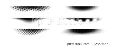Halftone shadow set. Black dotted gradient stripe collection. Horizontal pixel grain line patterns. Half tone textured shade pack for divide and separate. Vector noise dots and particles strips 123596569
