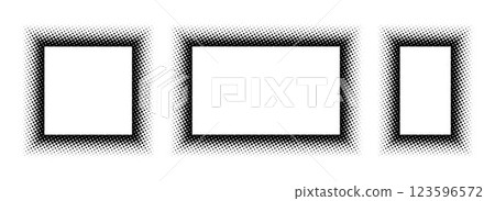 Black halftone rectangle frame set. Dotted gradient border collection. Pop art comic dots picture holder design for banner template, copy space, emblem, poster. Vector rasterized framing element back 123596572