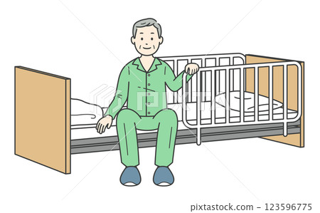 Illustration of an elderly man in pajamas sitting at the bedside and a nursing bed 123596775