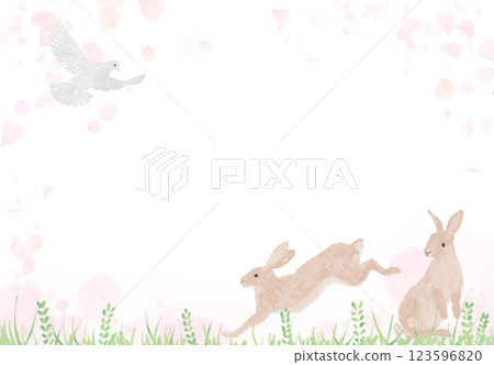Hand-drawn background with cherry blossoms and rabbits playing Hand-drawn background with cherry blossoms and rabbits playing 123596820
