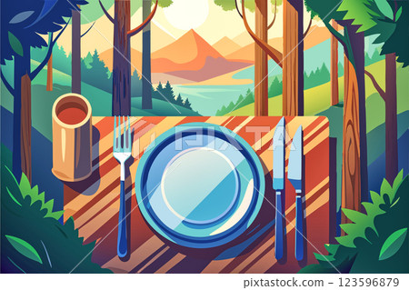 Camping picnic delivery.Plastic dinnerware set.Cup,plate,fork,knife 123596879