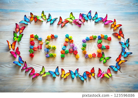 Bright colored inscription peace with beautiful flowers and butterflies 123596886