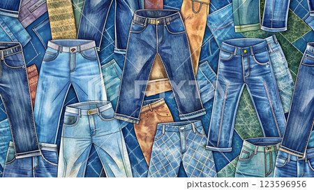 Lots of blue jeans. Comfortable and practical pants with pockets Lots of blue jeans. Comfortable and practical pants with pockets 123596956