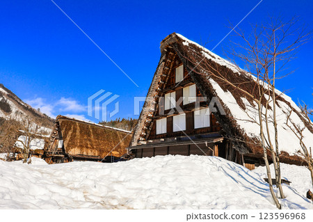 Snow-covered Gassho-style village 123596968