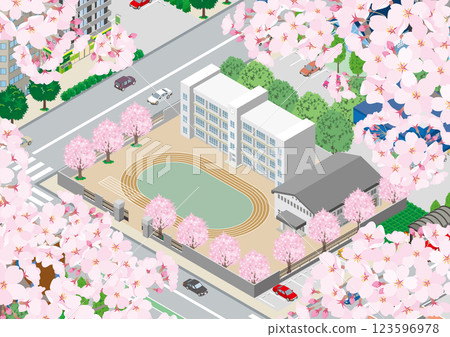 春季櫻花盛開的學校建築插圖。 春季櫻花盛開的學校建築插圖。 123596978