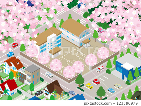 春季櫻花盛開的學校建築插圖。 123596979