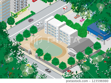 圖:一座綠葉茂盛的學校建築。 圖:一座綠葉茂盛的學校建築。 123596980
