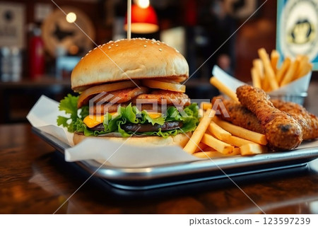 Hamburger and fries chicken on restaurant Hamburger and fries chicken on restaurant 123597239