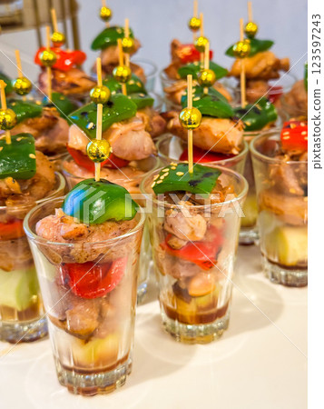 Many type of cocktail food on disk ready to eat 123597243