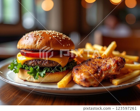 Hamburger and fries chicken on restaurant ( Hamburger and fries chicken on restaurant ( 123597261
