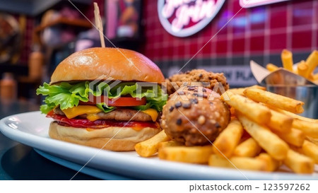 Hamburger and fries chicken on restaurant Hamburger and fries chicken on restaurant 123597262