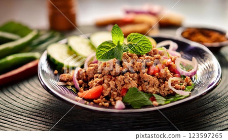 Local Thai food, Spicy minced pork salad (Larb Moo) 123597265