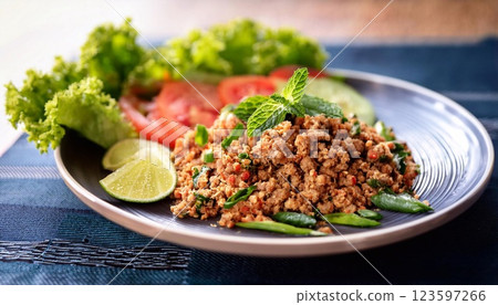 Local Thai food, Spicy minced pork salad (Larb Moo) Local Thai food, Spicy minced pork salad (Larb Moo) 123597266