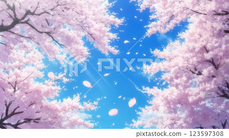 Cherry blossoms and blue sky illustration 123597308