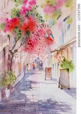 Small village in southern France watercolor landscape painting 123597366