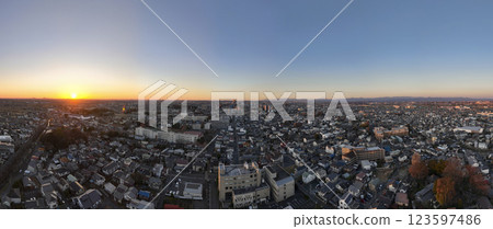 180-degree panoramic photo of Kawagoe cityscape bathed in the first sunrise of the year, Kawagoe City, Saitama Prefecture (aerial shot by drone) 180-degree panoramic photo of Kawagoe cityscape bathed in the first sunrise of the year, Kawagoe City, Saitama Prefecture (aerial shot by drone) 123597486