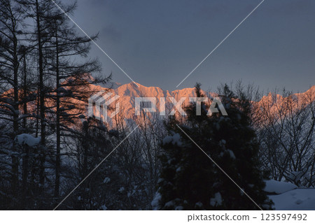 Morgenroth on Mt. Goryu, Hakuba Village, Nagano Prefecture Morgenroth on Mt. Goryu, Hakuba Village, Nagano Prefecture 123597492