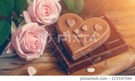 A bar of chocolate on the table next to cup of coffee Beautiful, soft colors. A bar of chocolate on the table next to cup of coffee Beautiful, soft colors. 123597564