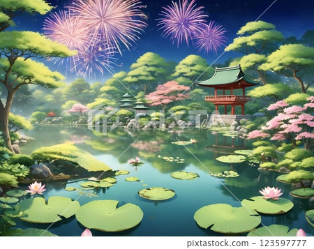 A lotus pond with fresh greenery and fireworks A lotus pond with fresh greenery and fireworks 123597777