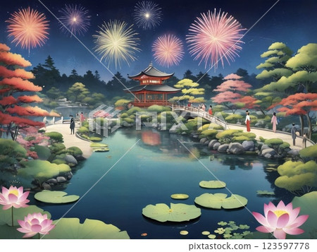 Fireworks rising from a lotus pond filled with fresh greenery-2 123597778