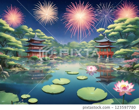 Fireworks rising from a lotus pond filled with fresh greenery-4 123597780