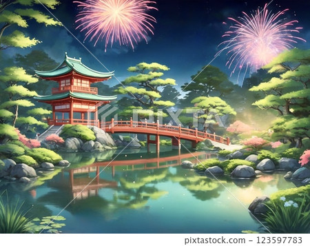 Fireworks in a fresh green Japanese garden-2 123597783