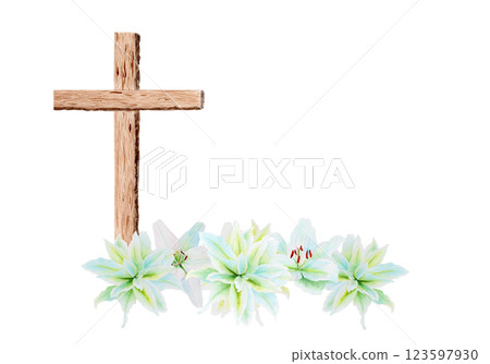 Cross with white lily garland watercolor composition isolated on white. Illustration perfect for Easter, Holy Thursday, christening baptism, wedding cards invitations decor design 123597930