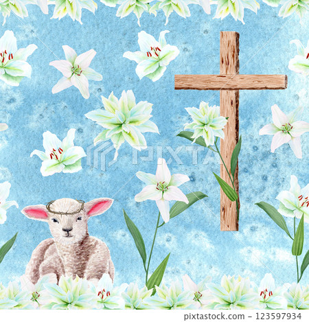 Wooden cross with lily garland and a lamb watercolor seamless pattern on textured blue background. Illustration perfect for Easter, Holy Thursday, baptism, church wedding cards decor design 123597934
