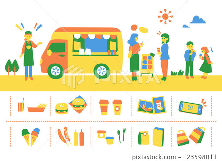 Food truck and people enjoying a meal 123598011