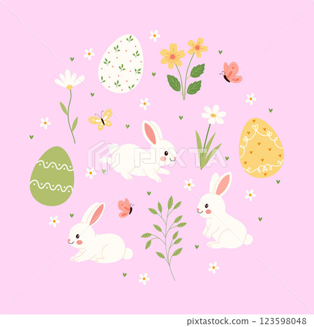 Cute easter set with bunnies, eggs, and flowers. Hand drawn vector illustration 123598048