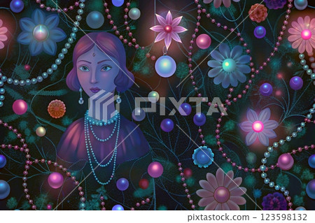 Woman,background with shiny evening pearl beads, futuristic jewelry 123598132