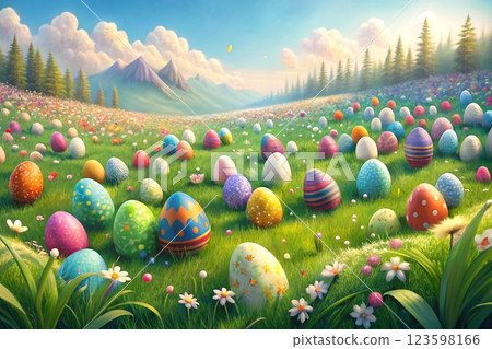Spring.Various Easter colorful painted eggs on mountain valley 123598166