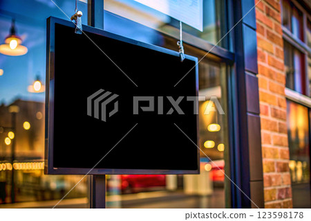Nameplate sign black poster banner billboard.glass window display.building 123598178