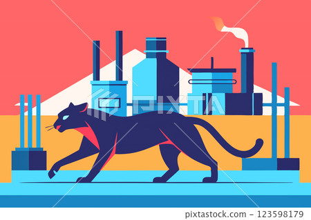 A black panther walking through a workshop, warehouse, enterprise 123598179
