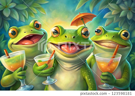 Funny frogs with a cocktail with a straw in a tropical forest Funny frogs with a cocktail with a straw in a tropical forest 123598181