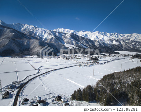 A magnificent view of the Hakuba mountain range from Horinouchi, Hakuba Village, Nagano Prefecture (aerial shot by drone) A magnificent view of the Hakuba mountain range from Horinouchi, Hakuba Village, Nagano Prefecture (aerial shot by drone) 123598281