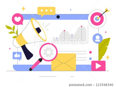 Digital Online Marketing Vector Illustration Featuring Business Analysis, Content Strategy, Ad Targeting, and Management in a Flat Cartoon Background Digital Online Marketing Vector Illustration Featuring Business Analysis, Content Strategy, Ad Targeting, and Management in a Flat Cartoon Background 123598340