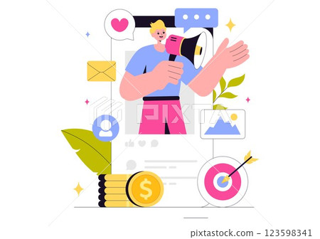 Digital Online Marketing Vector Illustration Featuring Business Analysis, Content Strategy, Ad Targeting, and Management in a Flat Cartoon Background 123598341
