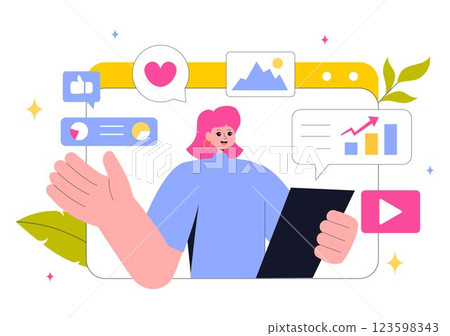 Digital Online Marketing Vector Illustration Featuring Business Analysis, Content Strategy, Ad Targeting, and Management in a Flat Cartoon Background 123598343