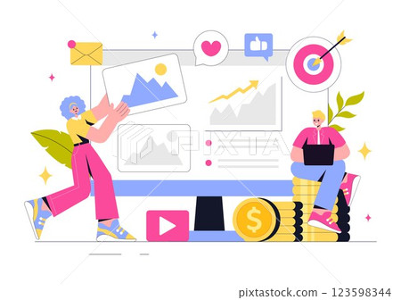 Digital Online Marketing Vector Illustration Featuring Business Analysis, Content Strategy, Ad Targeting, and Management in a Flat Cartoon Background 123598344