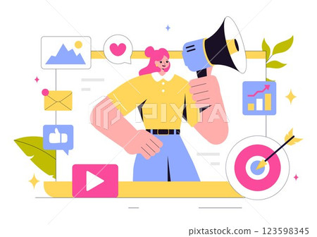 Digital Online Marketing Vector Illustration Featuring Business Analysis, Content Strategy, Ad Targeting, and Management in a Flat Cartoon Background 123598345