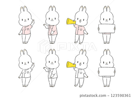 一組手繪插圖，描繪了兔子護士角色的各種引導姿勢 123598361