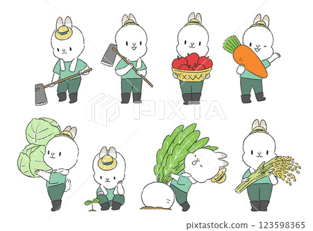 手繪插畫集農夫兔人物與田間蔬菜 手繪插畫集農夫兔人物與田間蔬菜 123598365