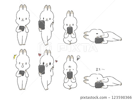 Hand-drawn illustration set of rabbit characters using smartphones Hand-drawn illustration set of rabbit characters using smartphones 123598366