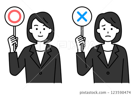 A woman in a black suit holding up a placard with a circle or cross mark A woman in a black suit holding up a placard with a circle or cross mark 123598474