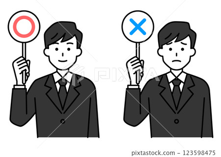 一名身穿黑色西裝的男子舉著一張帶有圓圈和十字架的標語牌 123598475