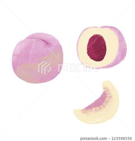 Hand-drawn color illustration set of various ways to cut peaches Hand-drawn color illustration set of various ways to cut peaches 123598550