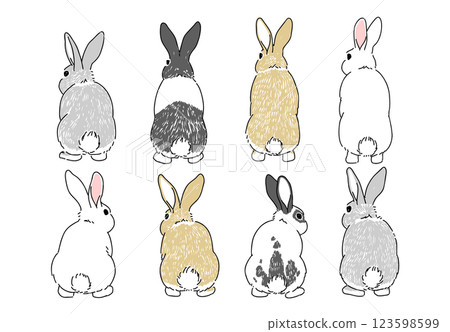 Hand-drawn illustrations of rabbits of various fur colors 123598599